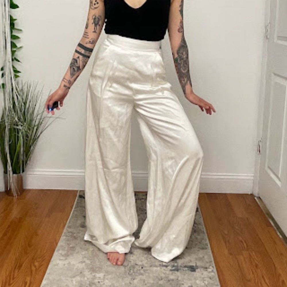 Catherine Deane High Waist Aurelia Satin Palazzo Pants Wide Leg Size 2 White